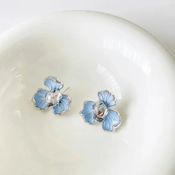 Blue Enamel Zircon Floral Silver Earrings - Picture 3 of 5